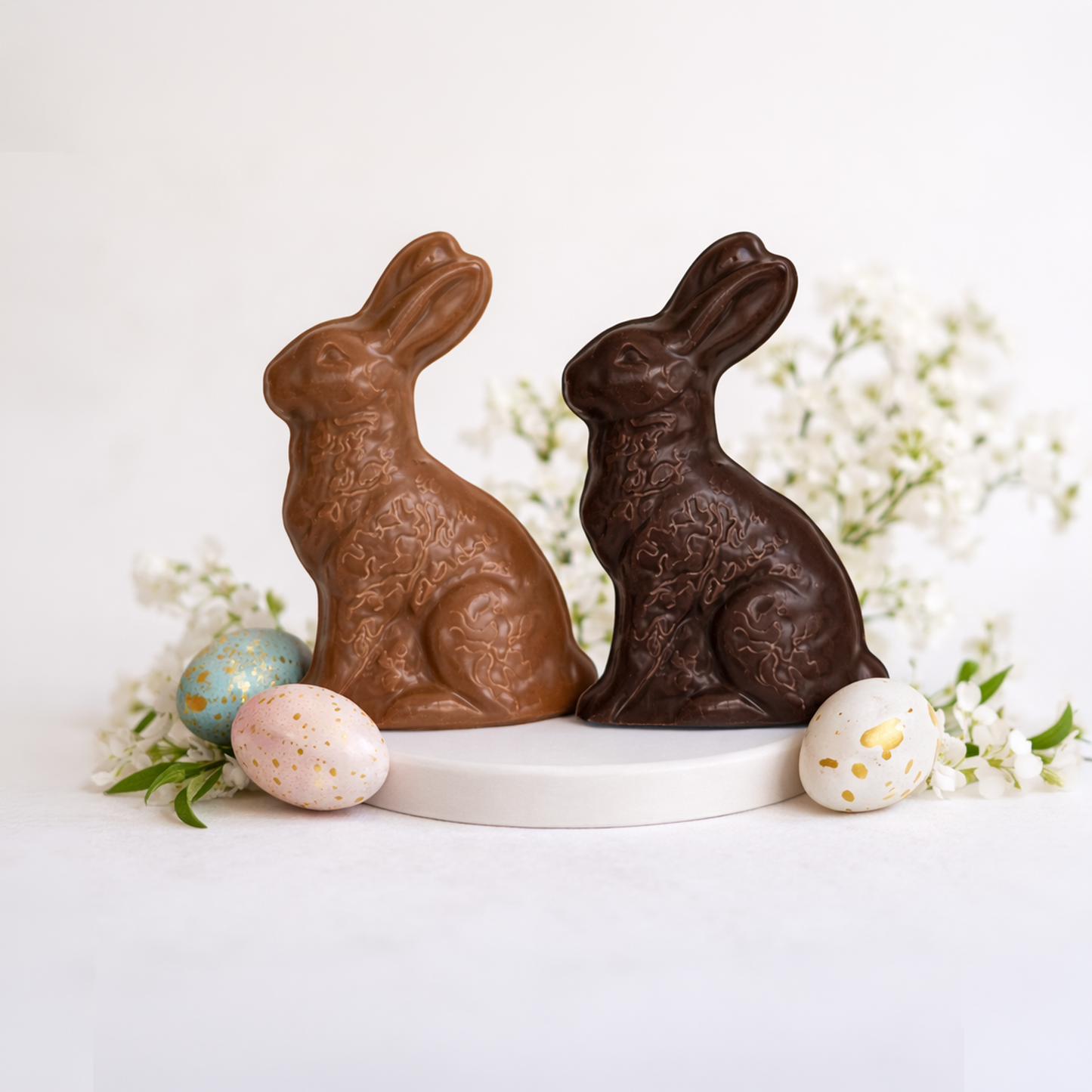 Handcrafted milk and dark chocolate Easter bunnies with decorated Easter eggs