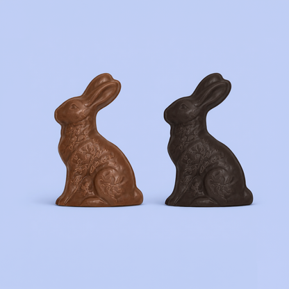 Handcrafted large Easter bunny milk chocolate and dark chocolate comparison