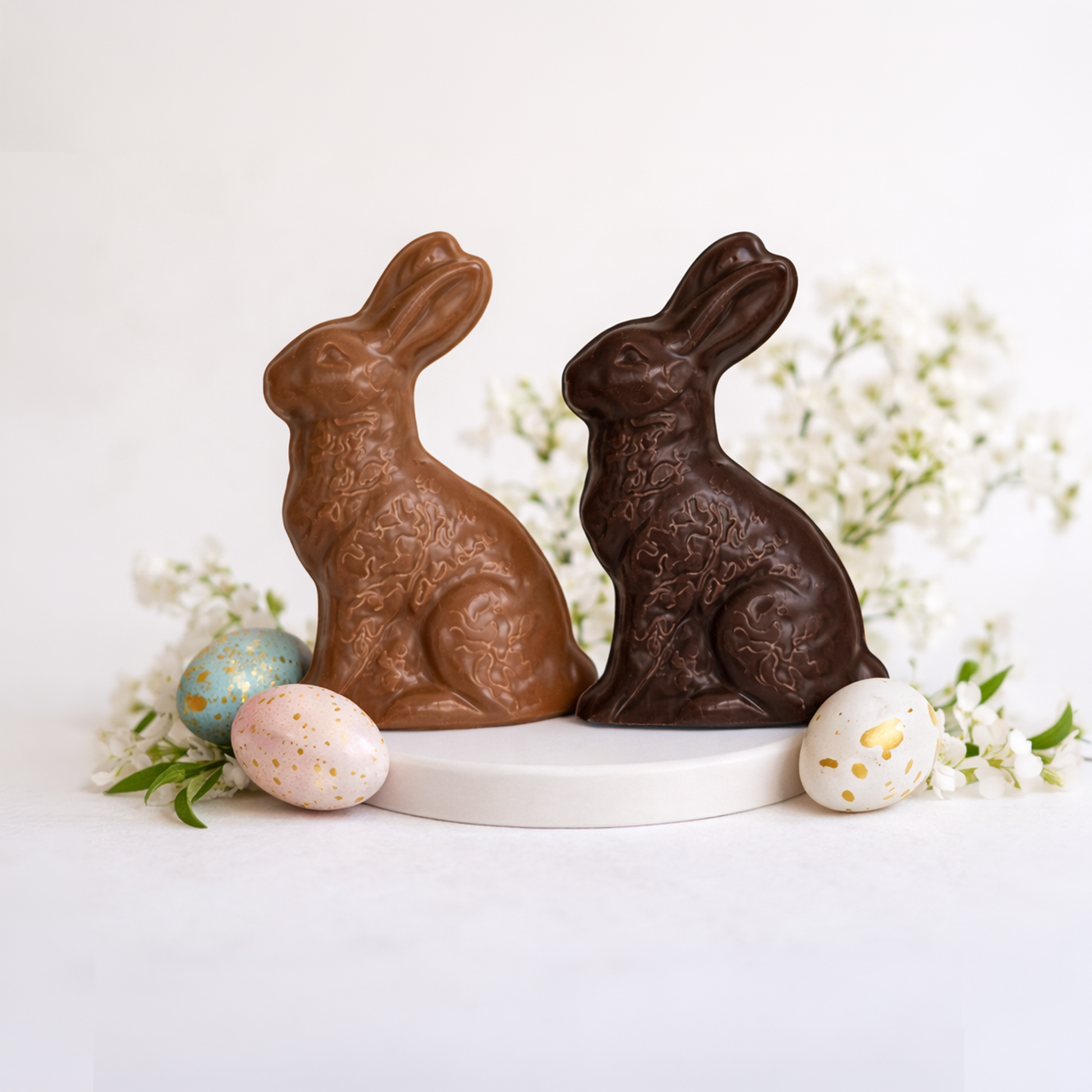 Handcrafted milk and dark chocolate Easter bunnies with decorated Easter eggs