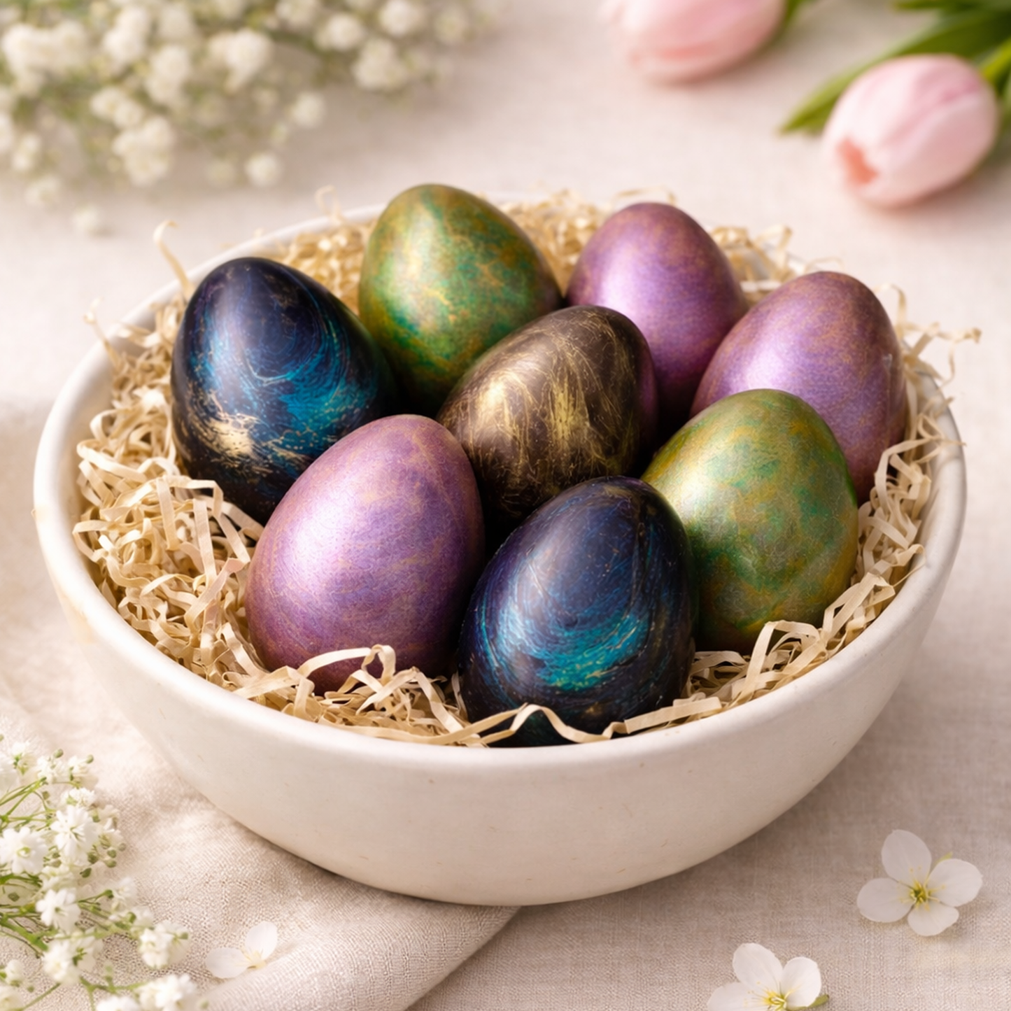 Luxury handcrafted Easter egg chocolate truffles in a decorative bowl with spring flowers – 8 piece collection