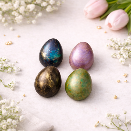 Handcrafted Easter egg chocolate truffles in blue, pink, bronze and green with spring flowers – 4 piece collection lifestyle