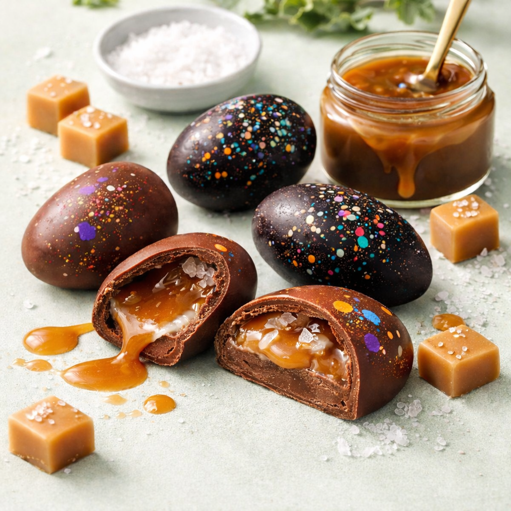 Hand painted salted caramel chocolate Easter eggs with sea salt and caramel filling